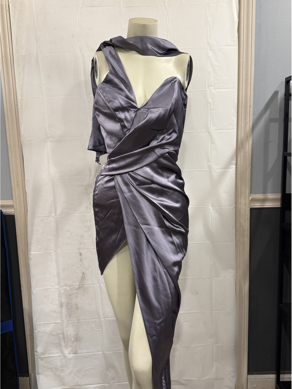 Elegant Satin Asymmetric Purple Dress with Scarf Detail size X small party date